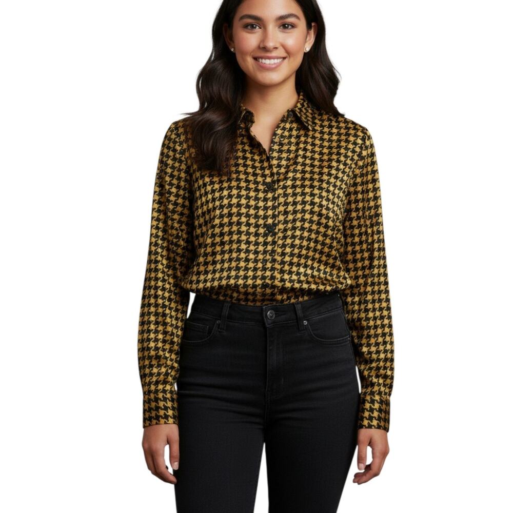 City Silk 100% Silk Blouse Women L Black Yellow Geometric Button Quiet Elegance